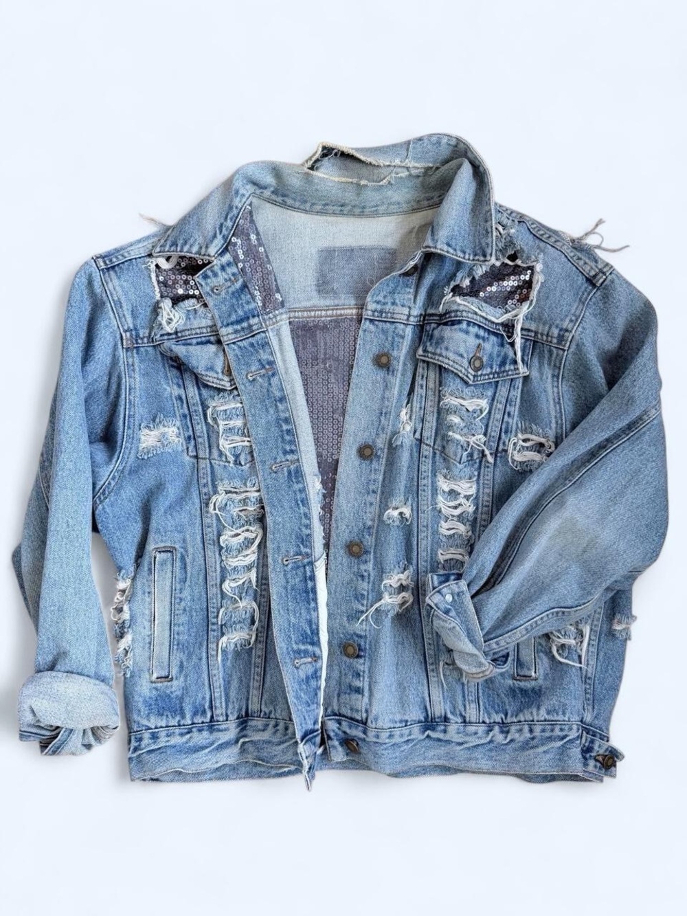 Carmar Distressed Sequin Denim Jacket Oversized Acid Wash Festival LA Oversized